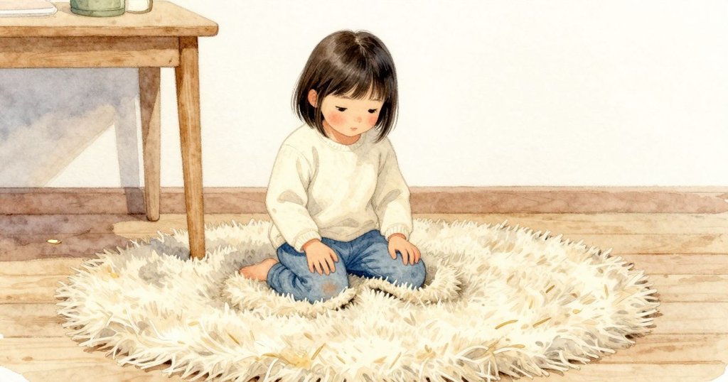 Kaya 跪在柔軟的地毯上，膝蓋壓出一條仍然停留的淺摺痕，毛圈被擠開，線圈裡有細細的陰影。桌腳與木地板邊緣安穩地在旁邊，日光溫柔鋪著。