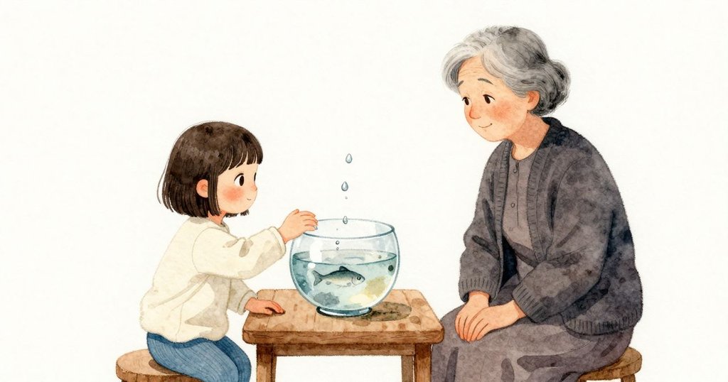 玻璃缸外冒出的涼珠聚成一條細線，剛好在 Kaya 的袖子上劃過一抹濕痕。缸內的魚在霧珠後模糊又再度清晰，柔和的室內光讓每顆水珠發亮。