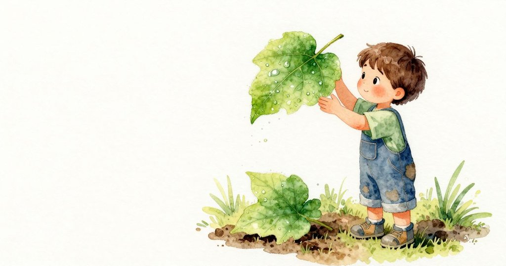 Iris 慢慢掀起一片寬葉，露珠在葉脈上閃著小小亮點；她又把葉子放回去，光點在陰影裡柔下來，底下的土壤安靜而濕潤。