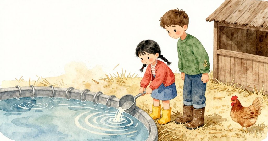 母雞的喙碰到水面，水槽上漣漪一圈圈散開。Juno和Hedy的靴子壓低稻草，溫暖的塵霧緩緩升起。金黃稻草與微光在水面上交會，室內仍然低低地回響著咯咯聲。