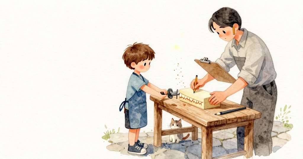 砂紙在結疤處被扯裂,木料一度歪掉;Theo 重新對正並再度旋緊虎鉗,淡肉桂色的木粉在夾口邊堆起。旁邊的大人量著一塊新的砂塊並查看夾板,鉛筆輕輕敲了一下;工作檯下的貓盯著飄動塵埃,耳朵隨刮擦聲微動。