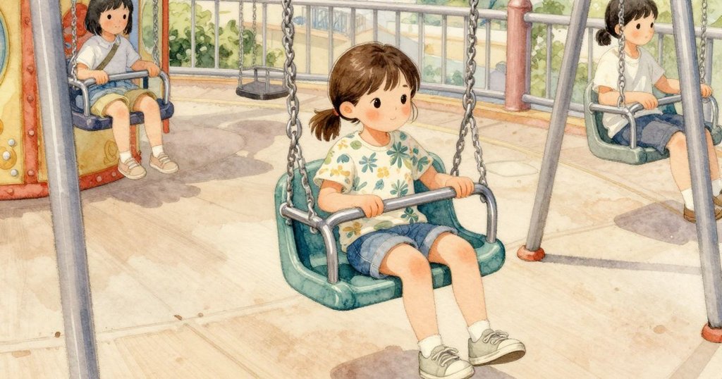 敘事者看見 Ada 坐進遊樂園的懸吊秋千座椅,雙手貼在冰涼的安全桿上,肩膀端正,重心安穩。平台周圍的隊伍慢慢往前聚攏,鞋底摩擦與衣料輕聲作響。塑膠座椅承住她的臀部,金屬在掌下由冷轉溫,平台邊緣留著刮痕與夏天的薄塵,暮色的暖光落在磨亮的油漆與金屬上。