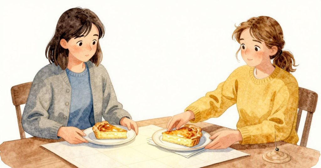 Clara 端來一只瓷盤,圓緣寬過紙張,上面放著還溫熱的鹹派切片;她把盤子擺在紙疊旁,尖端對著墊板的起點。Dana 伸手又在半成的摺件前停下,因為派皮的捏紋像節奏,紙卻不跟。
