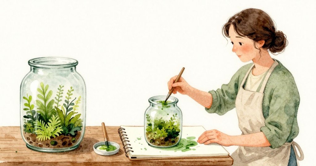 Ursula把素描本擺在玻璃瓶旁，將綠色顏料壓進濕潤凹槽，再以畫筆在紙上拖出一道綠痕，與瓶中較深的苔蘚對照；筆觸變淡後，她再次蘸色並更用力貼進紙的紋理。