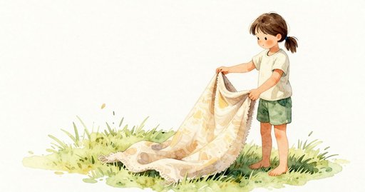 Folding a Blanket Under the Tree on the Summer Lawn