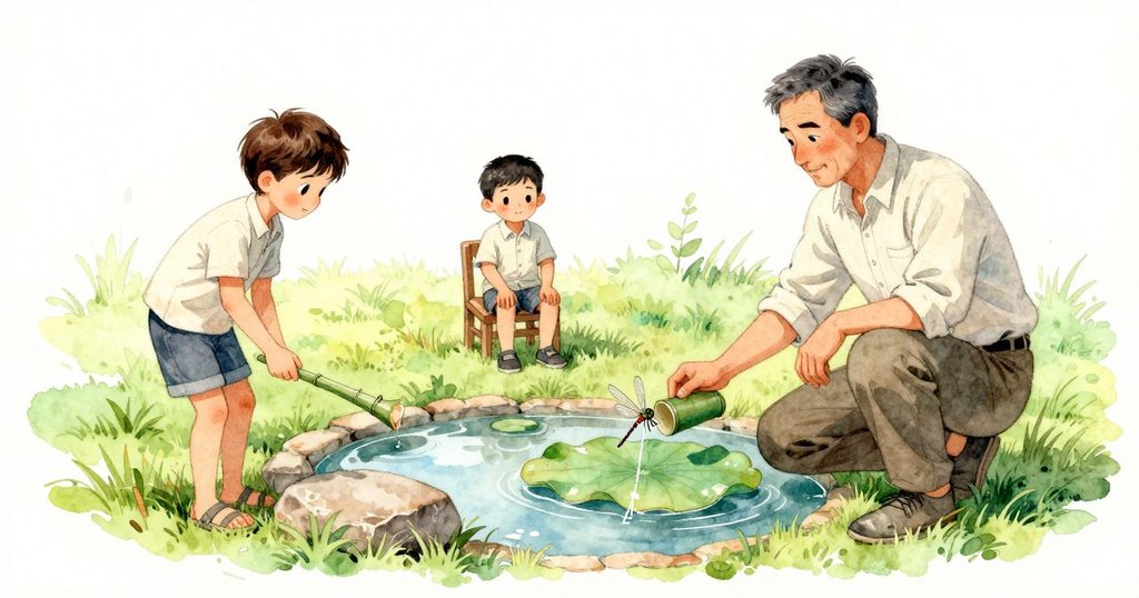 Zeke 蹲在池邊，膝蓋壓著草地，手邊的竹杓靠著石緣；蜻蜓在蓮葉上方微傾，Zeke 的視線緊盯著濕與乾交界處那條細纖。Harris 坐在一張低椅上，鞋穩穩踩地，手掌放在膝上，望著水緊貼石緣安定下來。