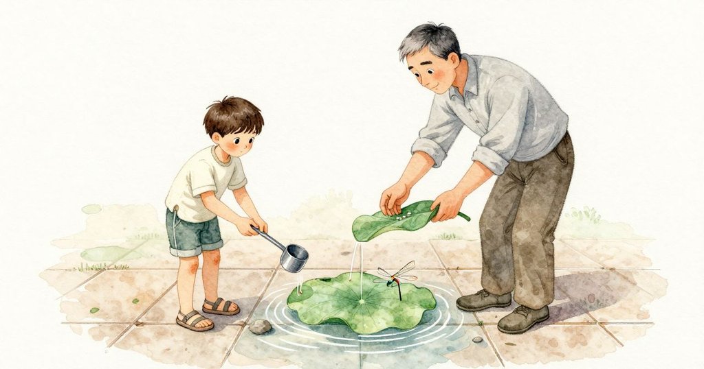 蓮葉像掌心托著那條淡線；Harris 指節輕敲瓦片邊，一道微波散開，撞在蓮葉上，同時竹杓柄在石緣發出輕響。他又添了三粒細石，水片變得更薄更窄；一尾魚在倒影帶下方翻身，蜻蜓幾乎不動地懸著。