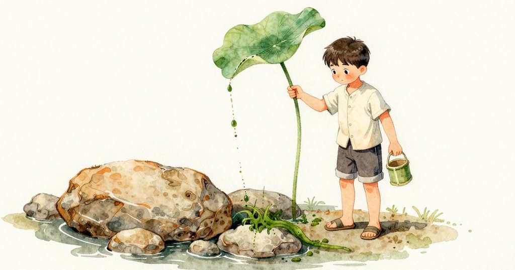 Zeke 把蓮葉輕輕抬起又沾水，細纖轉為深綠如草脈，與石緣下的藻痕相合；他收回竹杓，放開纖絲，看它滑落到祖父擺置的舊石旁。回到原處，暖石的細砂與淺槽壓在掌心，Zeke 把竹杓小心放在粗糙的石緣上。