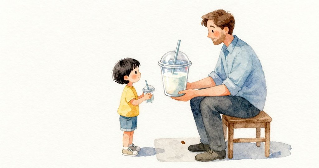 Fraser 把一杯頂著圓頂蓋的冰沙放進 Xanthe 的手心，冰塊頂住吸管幾乎不讓路；他低聲指給她看踏墊外、靠玻璃的小棕點。Xanthe 小口吸兩次，杯內表面依舊渾白平整，寒意碰到她的門牙。