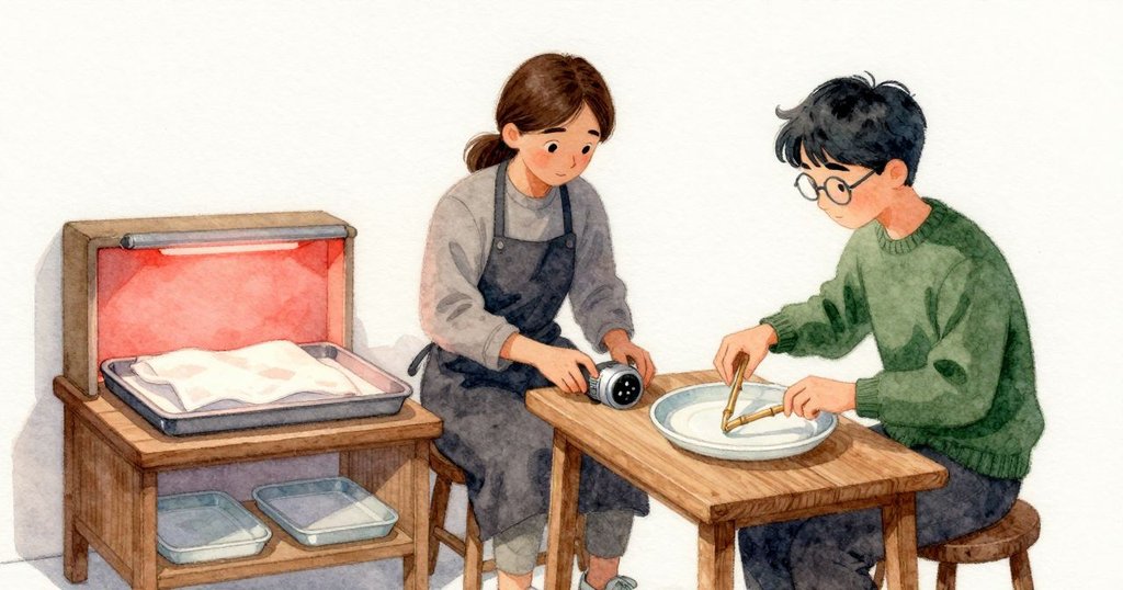 在暗房的紅色安全燈下，白色相紙靜靜地浸在第一個瓷盤裡。Marisol 站在放大機旁，手指停在冰涼的鋁製對焦環上，細紋壓著她的拇指；計時器規律地作響。Kit 在木質工作台邊移了一下，竹夾輕點瓷盤邊，不濺水。空氣帶著淡淡金屬味，紅光把桌面與托盤的邊角照得柔和。