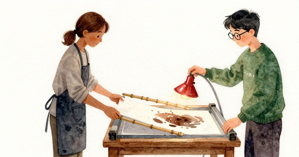 滴答聲與水管的輕拍相合，Marisol 把紙放進第一個盤，深部更穩定地從白裡浮現，中間調像淡可可般鋪在纖維上。她用竹夾夾起紙條，在紅光下等深處不再變化；沖洗的水流帶來一絲涼意，舌尖仍留著淡淡金屬味。她的拇指回到對焦環，這次只輕輕走一小段，停在那道像薄薄銅片般捕住紅光的亮弧上。