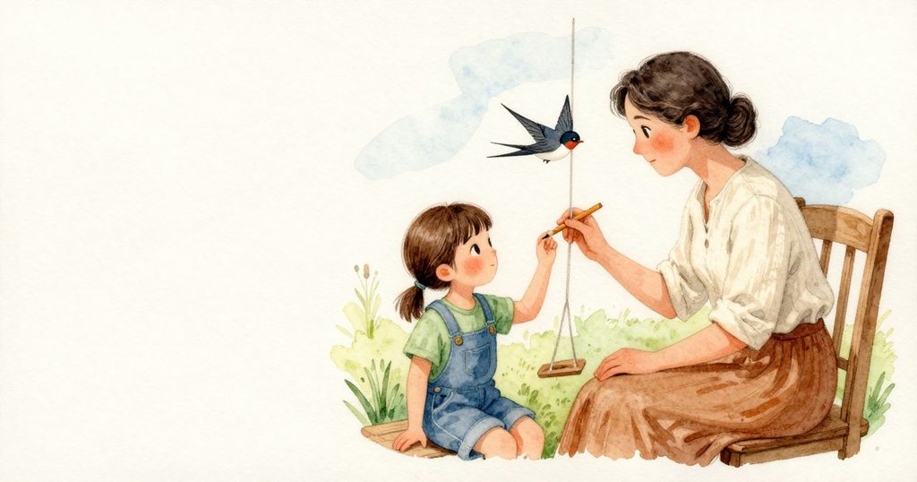 Juliet 放鬆按著的手指，讓鉛筆慢下來，筆尖沿著燕子的擺動滑行；她標出上升，再在尾部像小山形的轉處輕記一點。Eve 壓低聲音說會再回來，聲音安穩地落在屋簷下。院子裡另一對路徑相交，空氣裡漂著溫柔而有間距的交會。