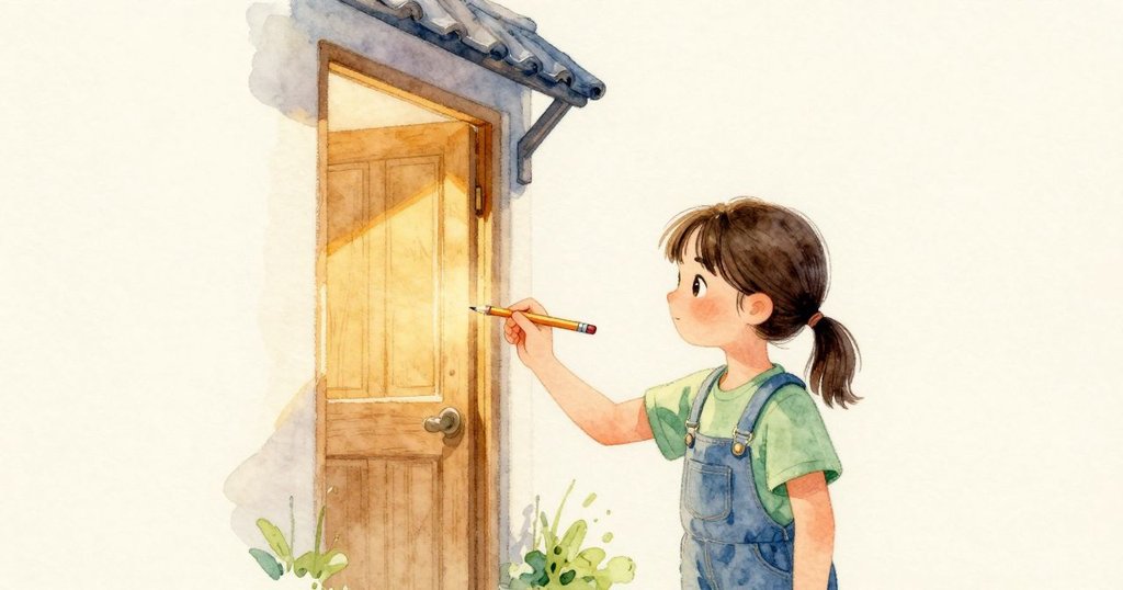 Juliet 保住她找到的弧度，把弧與弧之間留白在卡片上。她深吸一口氣，舊習回來，在門邊較暖的空氣裡輕輕敲兩下鉛筆。暖過的門框帶著餘溫，屋簷上方飄下淡淡乾草味；她把筆尖舉向高處的巢，光線正往午後的柔和傾去。