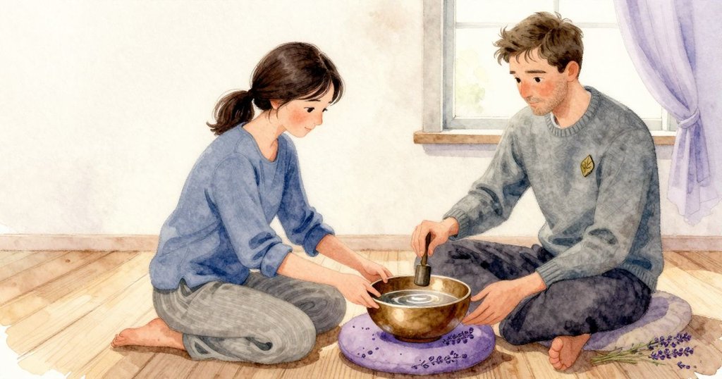 壓扁的小束薰衣草躺在最大缽的坐墊上，莖在布面留下淺痕；Gwen 正以小槌沿著半滿水的中型銅缽邊緣繞行，指下微微嗡鳴，水面細紋相遇並停住。Niles 坐在褪色坐墊上，胸前深色邊緣的葉形黃銅別針映著一線黯光，望向窗邊輕起又落的布。木頭的暖氣味和薰衣草的香氣瀰漫整個小房間。