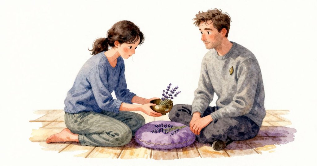 Gwen 回到坐墊旁，陽光已沿著木地板滑移，缽緣摸起來更溫和。薰衣草仍在原位，莖在布面壓出淺淺的搖窩，Gwen 的拇指沿著痕跡輕觸。她提起最小的缽掂了重量又放回，扁平花束下的銅面露出較淡的橢圓。她的手在缽口遇到細到看不見的砂感，短暫停一下，側掌拭過缽緣，指尖捏著些微薰衣草粉末，再次放慢開始。