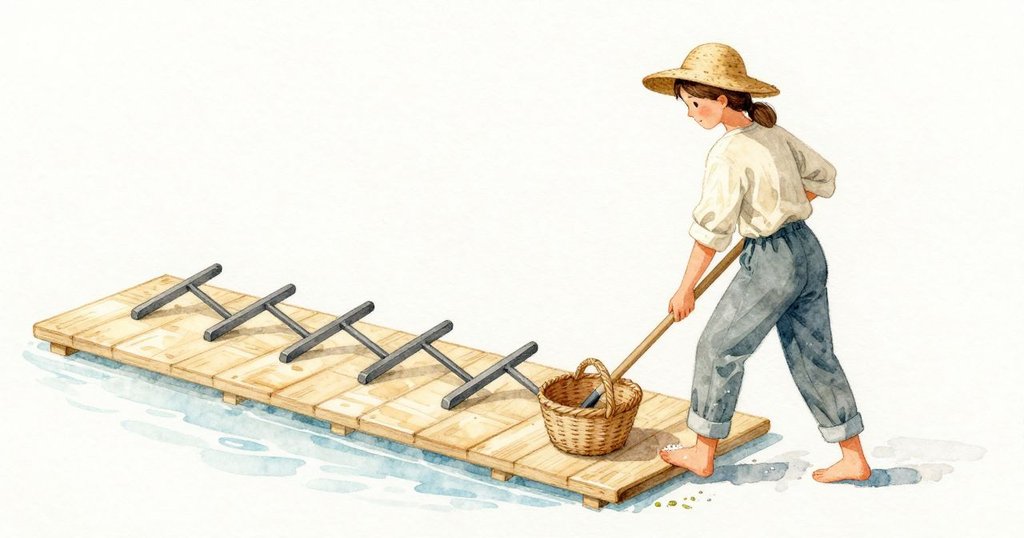 Nell 向左挪了兩步,讓長長的矩形與她的視線對齊。緊密的耙紋像布脊向她聚攏,近角高到接近她的腳踝。她把籃子改放在外側木板上,從邊緣把細小的鹽晶往內輕輕撥,堆得低,方便 Amos 稍後收攏。