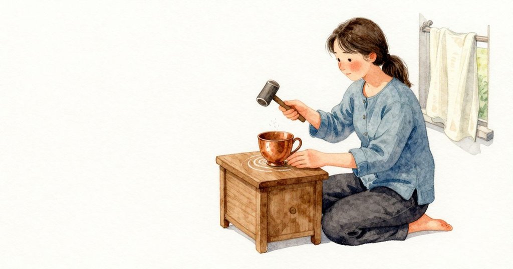 Petra將槌子停在碗緣上方，從杯中添入一小匙水；原本緊密的紋理鬆開成寬闊的圈，聲音更低更長，青銅微微發熱帶著淡淡金屬氣味；窗邊的淺色布料被一陣氣流掀動，音色短暫晃動後又回穩。