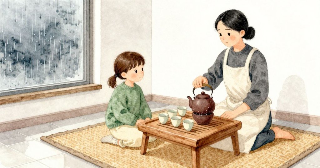 敘述者在門檻邊停下，腳尖踩在走廊磁磚與矮桌編織墊之間的冷縫上；前方木質工夫茶盤上，Thea剛把六只淡色小杯排成一列，暗色的壺在中央安靜等待。水壺低聲冒著細泡，Margot的手指輕放在加溫器把手上。窗外細雨輕敲，窗臺下的石板凝著滑動的細水珠，室內的木頭與織物在雨天柔光裡顯得溫和。