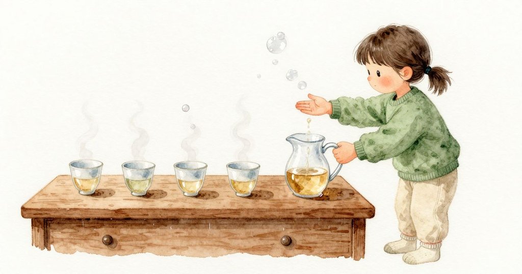 圓潤的細泡上升，Thea把手心停在壺嘴上一個掌寬，憑溫度讀出火候；她把第一泡可飲的茶水倒入玻璃公道杯，再分到覆在品杯上的聞香杯，杯與杯輕碰一下。她提起空聞香杯時，餘香往下延長，茶盤下的抽屜持續不整齊的滴落聲。