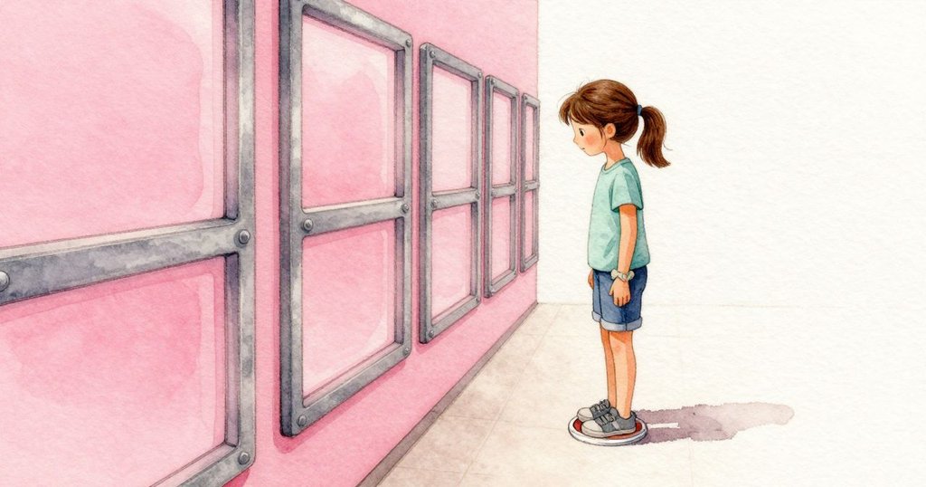 Marisol 踏進去時地板微微下沉，最近的鏡影跟著晃動。一個圓形地面按鈕在她鞋底亮起，被低矮的透明環圈住。她把重心壓上去，頭頂的濾色膠轉為粉色，溫暖的色調鋪滿走道，影子變輕，遠處分身縮減，回聲變得清晰而近。
