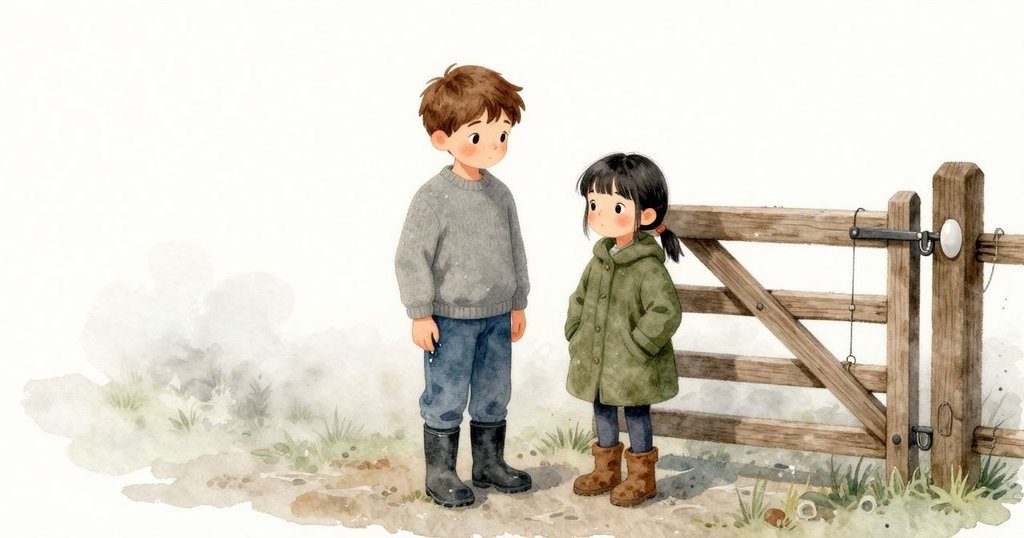 拱門的彈簧在 Archie 輕輕撥動門閂時發出更細的聲音，他的手掌貼在門柱上一個被長年握過而變淺亮的橢圓處。橫檔上有一個比濕木更乾淨的淡色圓痕，一段磨毛的細繩空著來回擺動。霧停在膝邊，高處的鐵線掛著顫抖的露珠，像灰色晨霧裡的小窗。