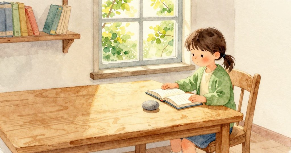 在書房裡，Vita 的手腕停在涼涼的楓木桌面上，窗外樹葉明亮地晃動發聲，書架整齊成列；她手邊打開著一本兒童用的小書，旁邊放著一顆光滑的河石，溫暖的日光鋪過窗玻璃與桌面。