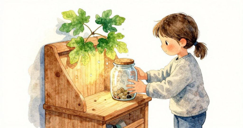 Seren 把瓶子在絨墊上輕輕轉過四分之一圈，陽光亮斑隨之挪動，水滴節奏微微加快；她拇指放鬆，瓶底在木面上發出清脆一聲，將耳貼在陰涼的一側，順著新路徑聽見滴答相續；牽牛榕的莖沿著弧壁彎著，亮葉覆著微小水珠，時聚時落；遠處鐘聲報時，與滴答交織。