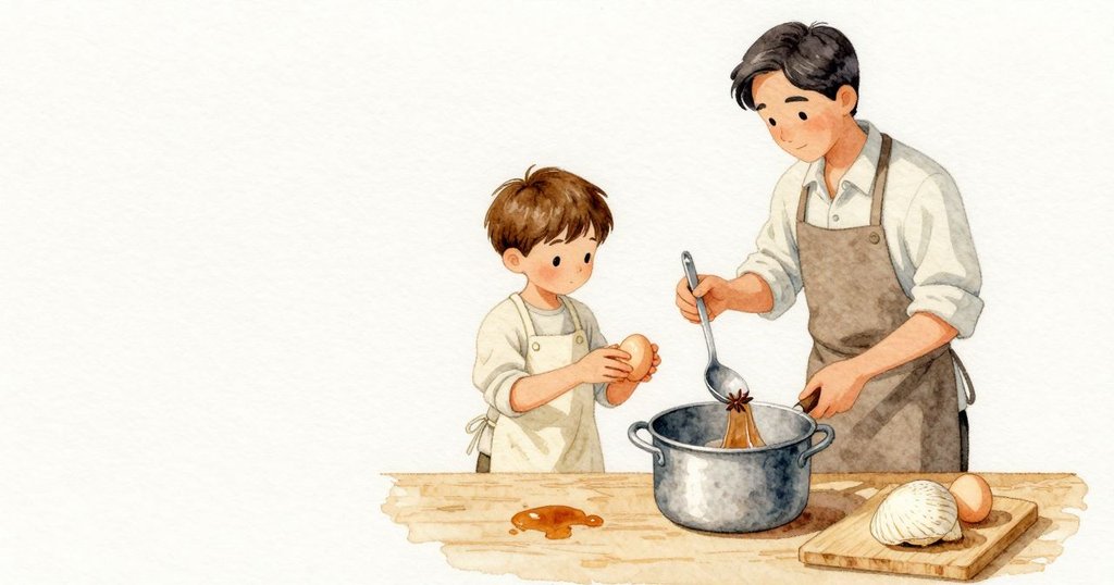 勺子歇在木板上，Theo拿著已裂紋的蛋，殼溫熱微滑；他再加一記較重的按壓，最後一塊空白也長出從端到端的細縫；Padget用漏杓沖洗一顆八角，一層棕色薄幕滑下，讓勺碗一側更深亮。