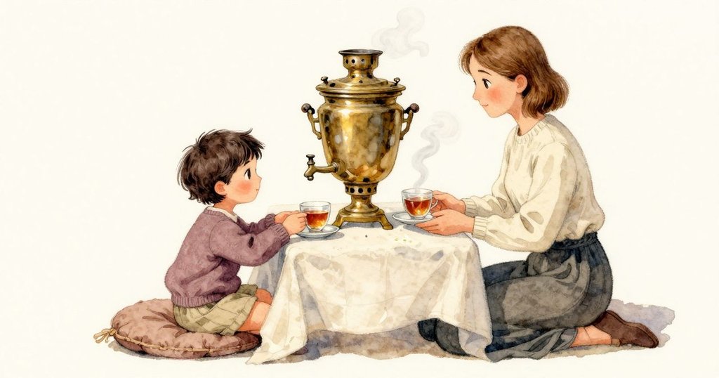 在溫暖燈光下,Noemi 指著她小玻璃杯裡偏斜的茶痕,Margot 以兩指穩住茶碟,讓杯身貼回碟內緣。桌中央立著一座黃銅茶炊,蒸氣從小蓋口緩緩展開,經過她們的手,進入柔和燈圈。桌布被沉穩金屬量感壓住,地墊讓兩人靠近桌緣,玻璃沿口浮著細小暖光。