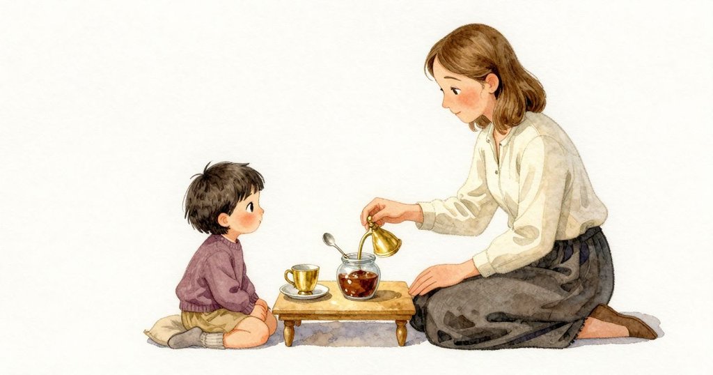 Noemi 轉動茶碟,可那道圓痕仍偏著,像淺盤自己有主見。湯匙把柄緩緩朝罐子傾去,匙裡的重量又把它拖回玻璃旁。Noemi 的手指停在杯緣上方,還沒碰到黃銅外沿的涼意;Margot 的手掌在杯邊懸著,像在不提起的情況下衡量著杯身。