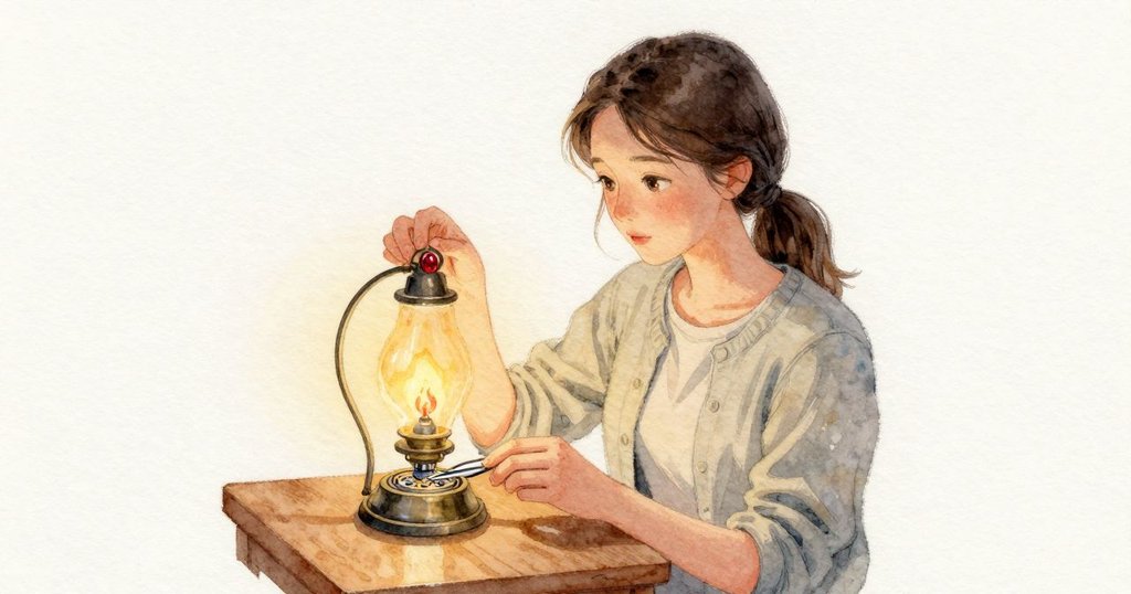Lyra以指腹先感覺軸承座，鑷子輕放零件；盞燈下微小紅寶石一點紅光，藍色發條緊密捲在發條盒裡，計時機器以均勻節奏前進，空氣帶著精細的鐘錶油香。