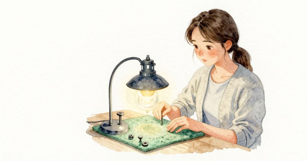 Lyra回到工作檯時，檯燈的光圈移開了一指寬，綠呢上的零件顯得更冷更疏；立起的點油器上小油珠攤開成柔軟的鏡片，讓那細小轉軸的肩部看起來更厚，整個檯面安靜而微涼。