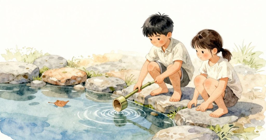 竹杓的條狀口沿著池水邊緣輕輕掠過，溫熱的石緣貼著水面。遠處一片蜷曲的棕色葉漂來，在映著天空的水面投下柔軟的影子。Rhea 蹲在 Valen 肩旁，雙手扶膝，目光追著石緣下那條淡淡的綠藻帶。午後的光斜進庭院，為多個夏天留下痕跡的石頭添了一層溫度。