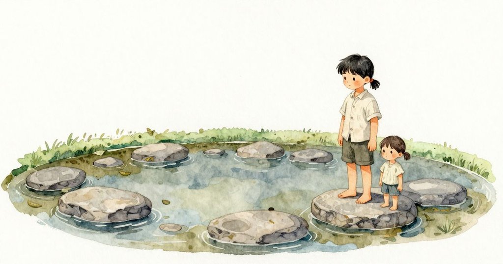 水面下安靜地呈現出秩序：舊葉已化成細泥，圍著祖父曾擺放的扁石沉著休息。石緣底側有一道細細的綠色痕，記著上個月的水位。水清得見石的邊與淡淡的泥雲，光在底下轉為冷綠與灰。