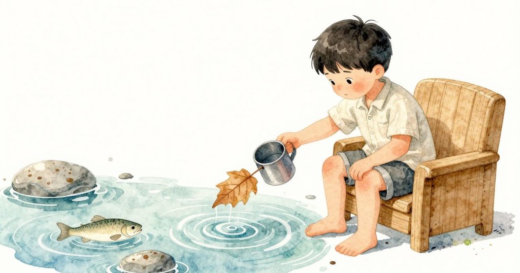Valen 將竹杓伸到葉片下方，水黏住條縫，讓葉子歪斜地被托起。下一瞬，一條背部發淡光的魚在佈滿細泥的石間緩緩轉身，細小的圓紋向外擴散。當震動推到竹杓、把葉柄輕輕滑開時，他繃著手腕又把葉子放回水面。
