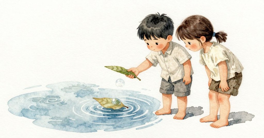 Valen 靠近測量葉柄與條縫的距離，他的呼氣在水面送出一道單獨的波紋。Rhea 微微側頭，把手掌懸在水上方，不讓自己的氣息碰到水。葉片再次漂開，肚底黏著一顆清澈的小氣泡，圓起來托起一邊，沿著葉脈滾動、反著光，讓葉子轉向更深的缽。