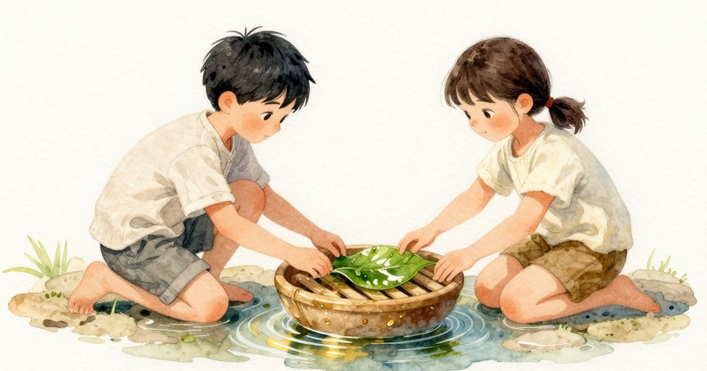 Rhea 膝行靠近，用兩根手指輕按另一片葉，細小的尾流把漂動轉了個向。Valen 調整竹杓角度，將邊緣頂住那片葉的卷尖，恰好貼上綠藻帶的高度。濕綠的線接住葉緣停一口氣，整片葉安穩躺上條杓。兩人把杓子一同送到溫熱的石緣上，葉面發亮，水珠沿著輪廓排開；他鼻息吐出，只在掠過水面的金帶處破了紋。