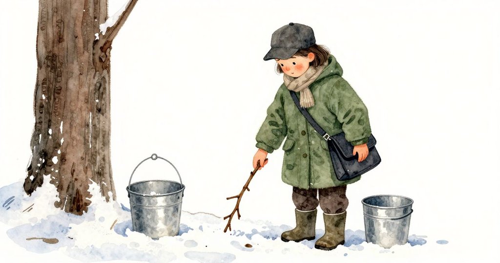 Dinah從雪堤取下一根細枝,把它塞進作品夾的翻蓋讓蓋子撐開。背帶安穩地貼在她的外套上。貼著樹幹的錫桶越裝越重,金屬提把被拉得緊靠鉤子。樹皮的舊紋理安靜而清楚,雪沿邊緣泛白,冷空氣不動聲色。