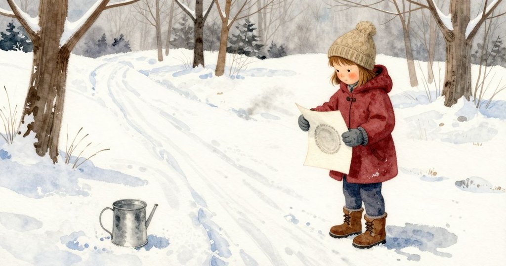 Clara把完成的拓印抽出,在小腿高度托在雪上,紙面顯出淡色癒合的圓,季節新插嘴的影子從側邊碰到它。沿小徑的風改了觸感,最近小徑的那個角被捲起。我們等著,樹液又清脆地滴進錫桶。她把紙放在路旁平整的雪面上,手一離開,角落再次被微風輕輕捲起。