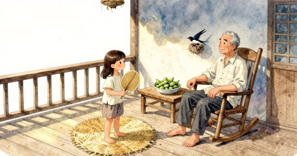 燕子在屋簷下抓住小小泥巢的乾邊，白色喉部一閃；Ada 靜靜躺在新草蓆上，看著欄杆的陰影慢慢移動。Vaughn 的木搖椅在她身後前後輕磨，低桌上放著一碗綠色豆莢，偶爾互相碰一下。紗門的小彈簧發出輕響又歸於安靜，廚房的水聲持續而從容；薄金色陽光攤在溫熱的木板上，屋簷下留著涼意。