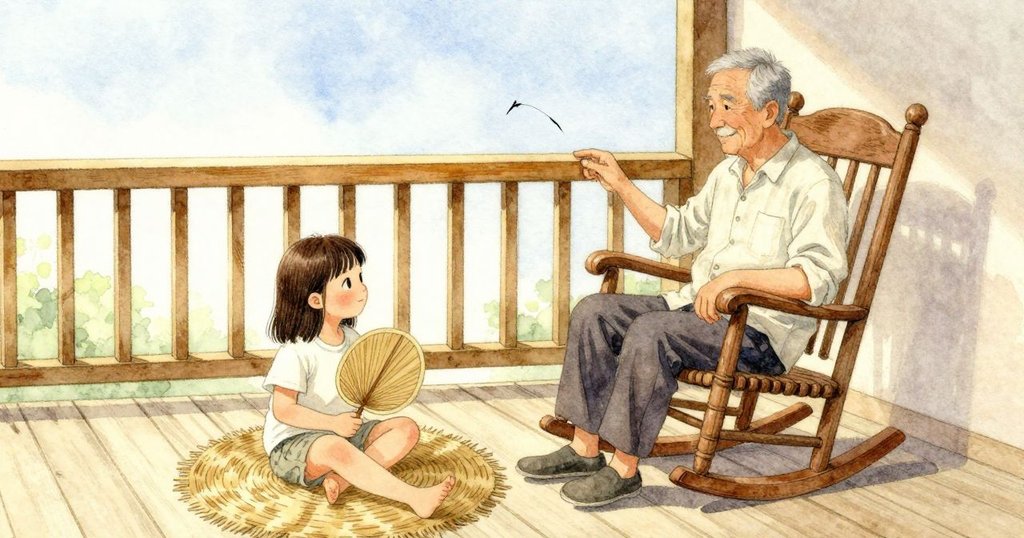 Ada 的手指沿著被太陽曬暖的欄杆上緣滑動，追著剛在院子上空劃圈的燕子軌跡，停在牠鑽回屋簷的地方。Vaughn 在後方輕聲說話，手掌停在搖椅變深色的弧面上；欄杆留著日光的熱度，院子外頭明亮清澈。