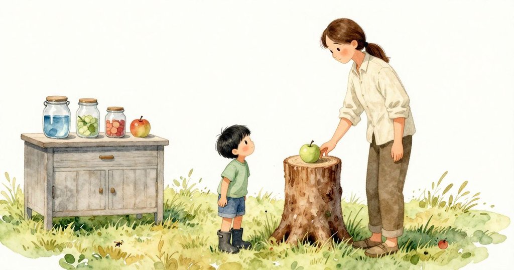 水鏡穩穩地撐住,Orla 的拇指按在樹樁邊一條乾裂溝上,最後幾滴水停在邊緣;對面罐子長久地安靜下來,草裡傳來一顆蘋果輕輕落地的悶聲。Opal 的指尖在明亮的水面上一息之遙停住,沒有觸破那層涼意。