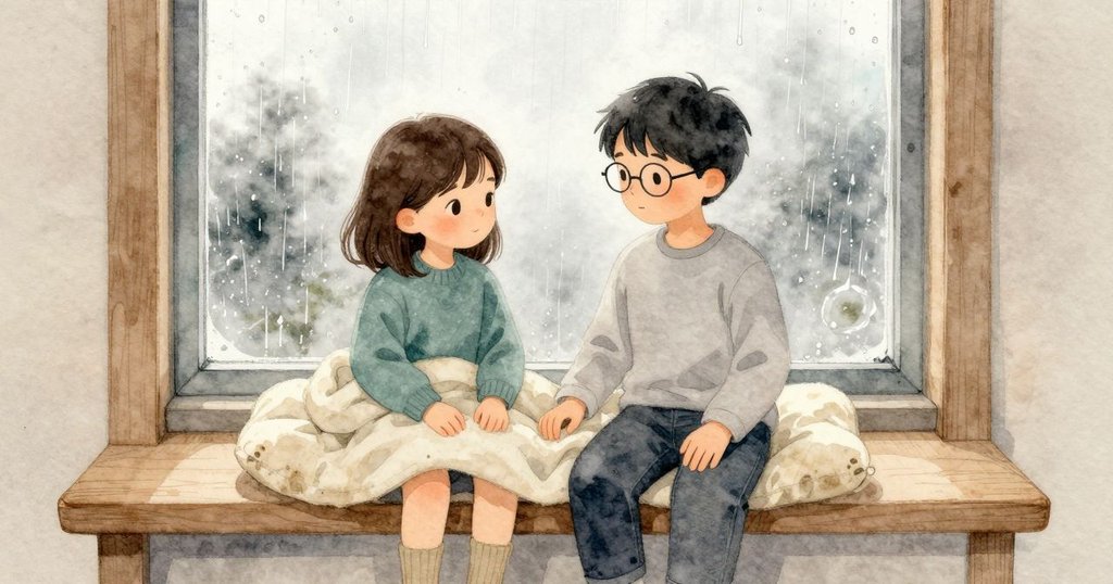 靠窗座位上的舊淺色坐墊托著 Zara 彎起的膝蓋,她和 Noel 一同被羊毛毯包住,安靜地坐著聽雨。玻璃上細小雨珠滑動,讓窗檯保持柔和的靜。漆木邊緣被歲月磨成圓滑,坐墊織紋顯出多年痕跡。窗外陰天的冷光透進來,把木頭與布料染成灰與乳白。