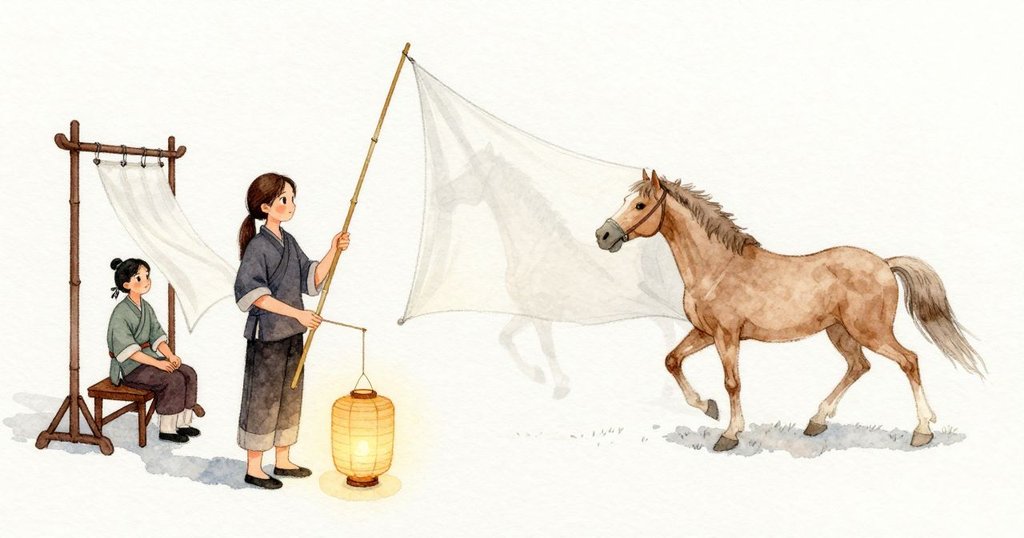 Tamsin左手握著竹製馬偶的杆,右手在身前穩住細緻的轉動。她把馬偶推近,幕布收下清晰等身的影子;輕輕拉遠,輪廓變大變柔。燈光溫暖在手指與竹紋上。