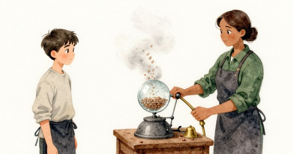觀視玻璃上一陣霧氣閃現,豆子的身影被柔化;Eli 的手指停在亮黃銅色的放豆拉桿上方,先前第一聲爆裂在手腕裡留下微小記憶;鐵架下方積著暖意,涼爽的氣流掠過他的脛,指針仍慢慢上升,遠處單一的腳踏鈴聲漸淡於午後。