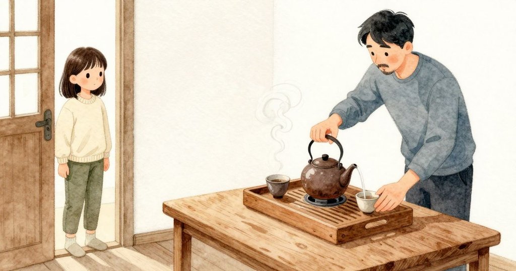 在廚房門口,Dina 靜靜看著 Grant 把熱水壺傾向一把斑駁的小茶壺,水先沖入壺內繞了一圈,再被他穩穩倒回帶槽的木托盤。茶壺依然黯棕,壺嘴指向兩只淡色杯子;薄霧般的蒸氣在暖光裡慢慢變淡,低矮的桌面吸著歲月的深木色。