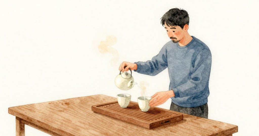 Grant 以同樣方式溫杯,再將兩只淡色杯倒置,水沿木托盤較深的木紋滑走,留下一層淺淺的光。杯口仍相貼像鄰居私語,金屬水壺在他手邊靜著,廚房光線溫和而安靜。