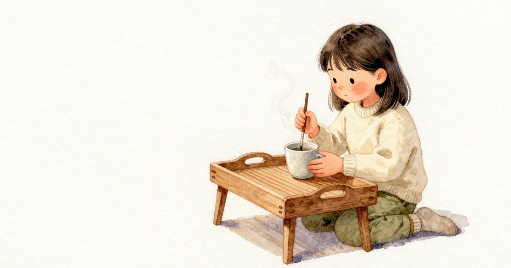 Dina 以雙手捧著空杯,模仿 Grant 的握法,指尖感到陶瓷的餘溫。她靠近低桌,蒸氣輕碰臉頰便停下,接著把杯子放回木托盤,清脆輕響迅速被木質的安靜收住。