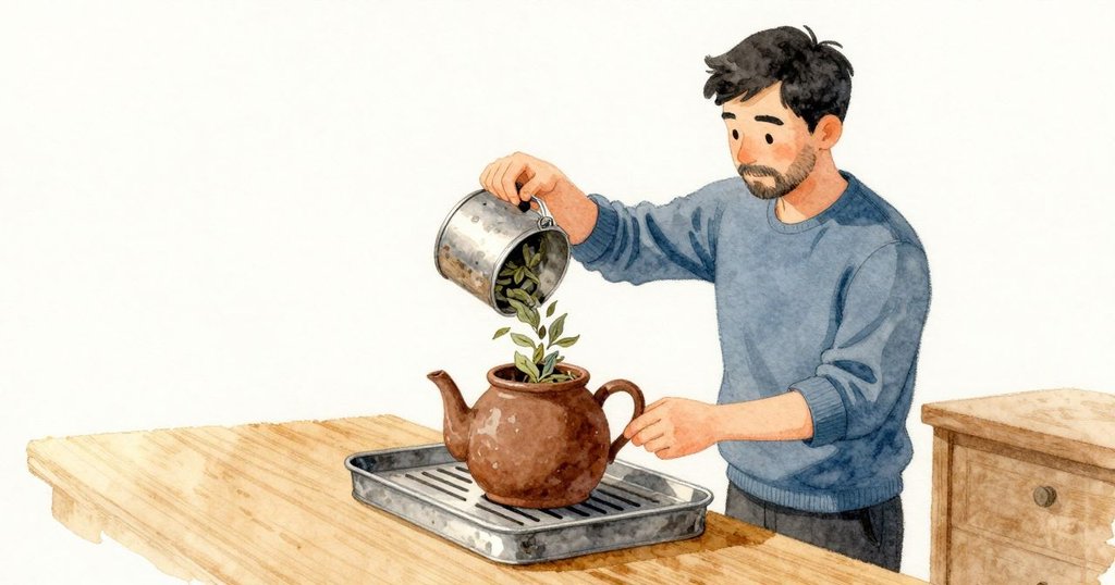 Grant 拿起邊緣磨損的金屬罐,捏出一小撮灰綠捲曲茶葉放入打開的斑駁茶壺。壺身沉默,他把蓋子慢慢放下,懸著一瞬,再以輕微一聲扣定;那聲響像沿木托盤傳來,葉邊與金屬的舊痕在暖光中清楚。