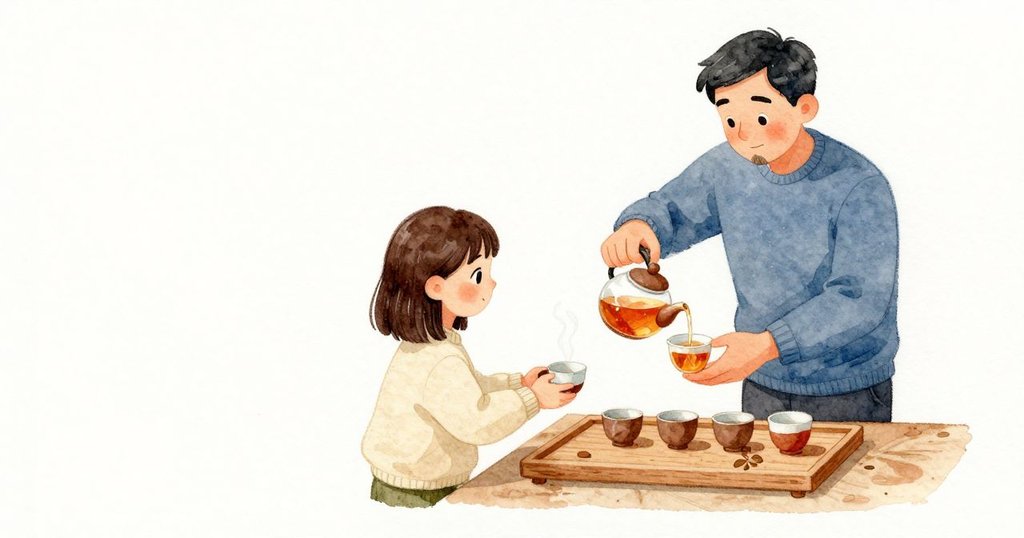 熱水一入壺,琥珀色立刻湧起貼近壺蓋,Grant 輕聲看著那層亮面上細小漂點。Dina 點頭,選了較小的杯,等熱氣和緩才以雙手捧住胸前;她短暫放下時,托盤上留下四個相連的深色濕印,像一枚苜蓿。